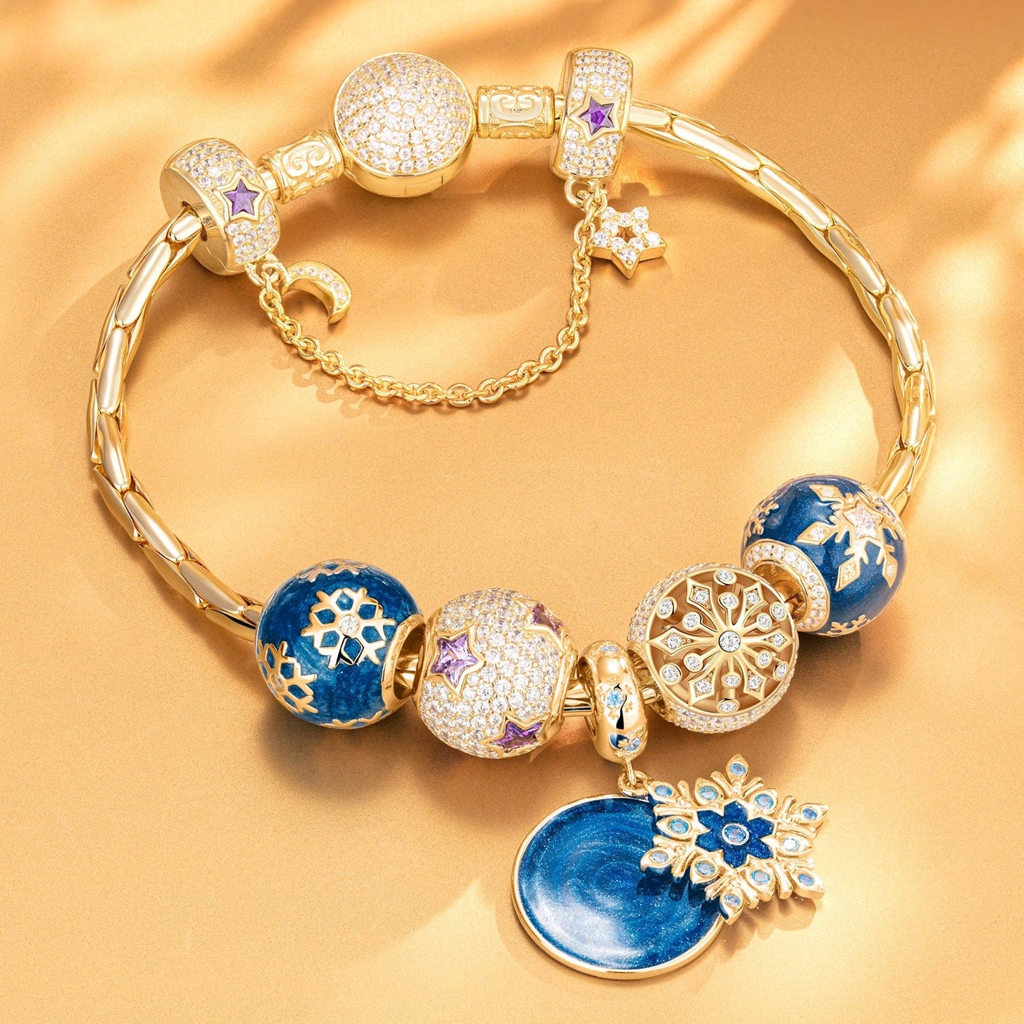 Sterling Silver Blue Ice Crystal Love Charms Bracelet Set With Enamel In 14K Gold Plated