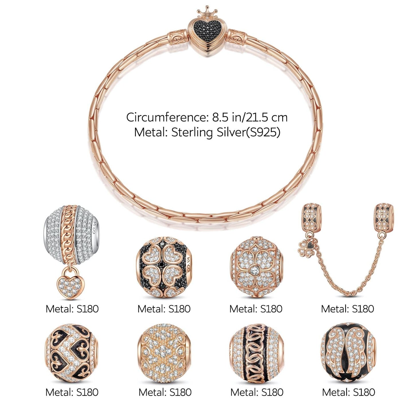 Sterling Silver Rose Love Bamboo Chain Charms Bracelet Set With Enamel In Rose Gold Plated