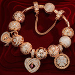 Sterling Silver My Heart, My Love Bamboo Chain Charms Bracelet Set With Enamel In Rose Gold Plated