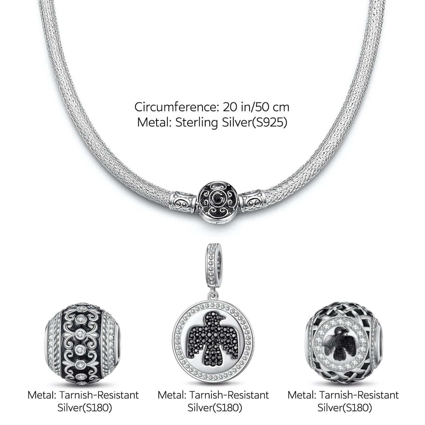 Sterling Silver Thunderbird and Iris Flower XL Size Charms Necklace Set With Enamel In Silver Plated For Men