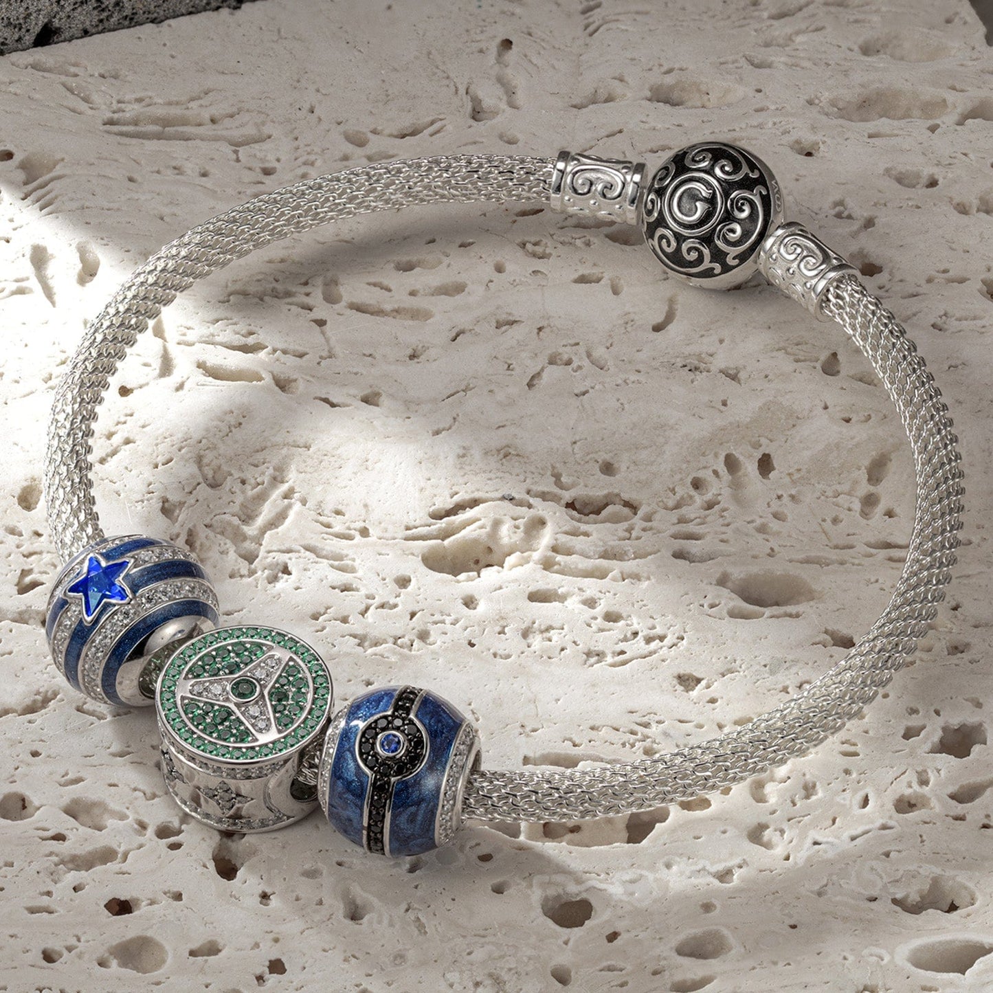Sterling Silver XL Size StarDrive Charms Bracelet Set With Enamel In White Gold Plated For Men