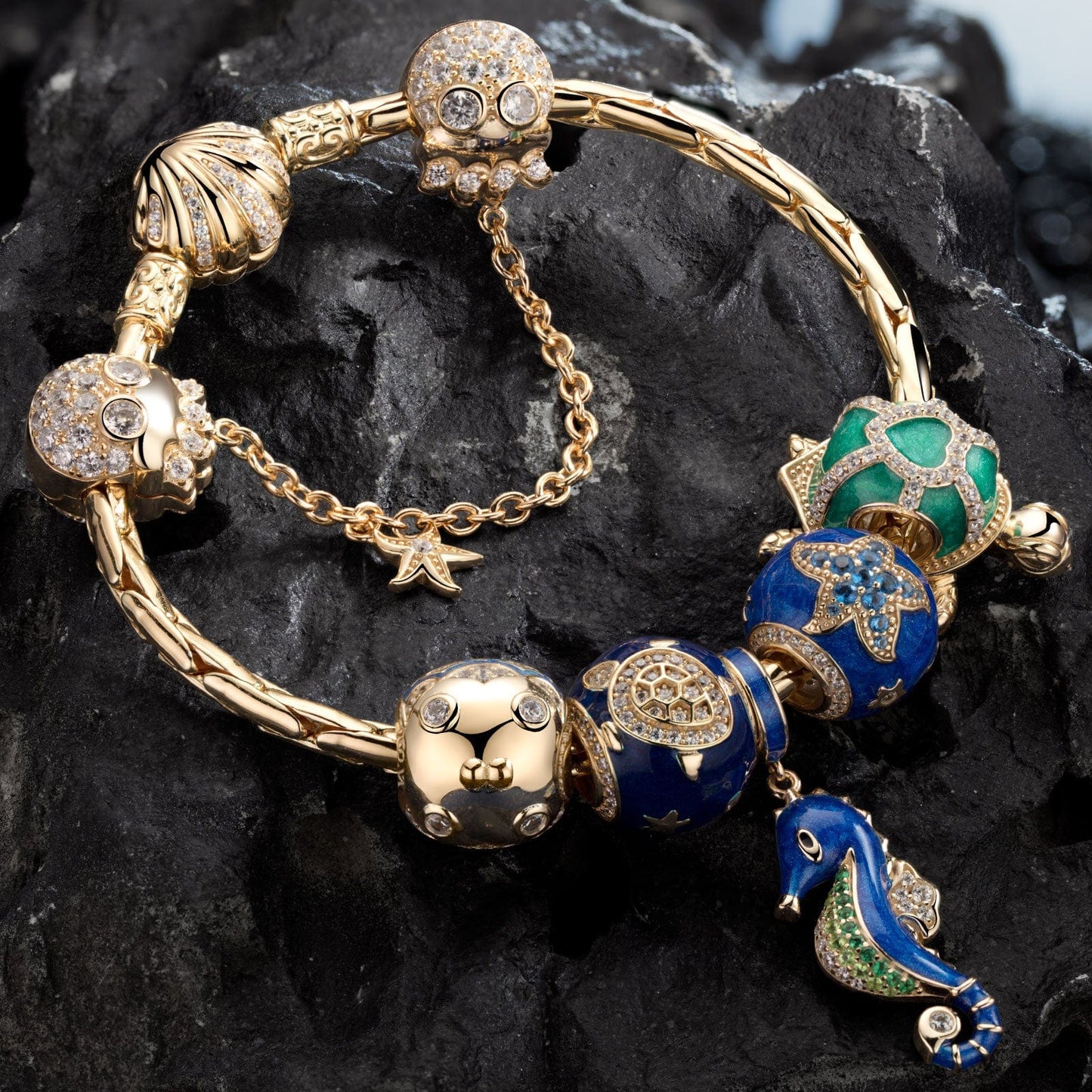 Sterling Silver Underwater Party Charms Bracelet Set With Enamel In 14K Gold Plated