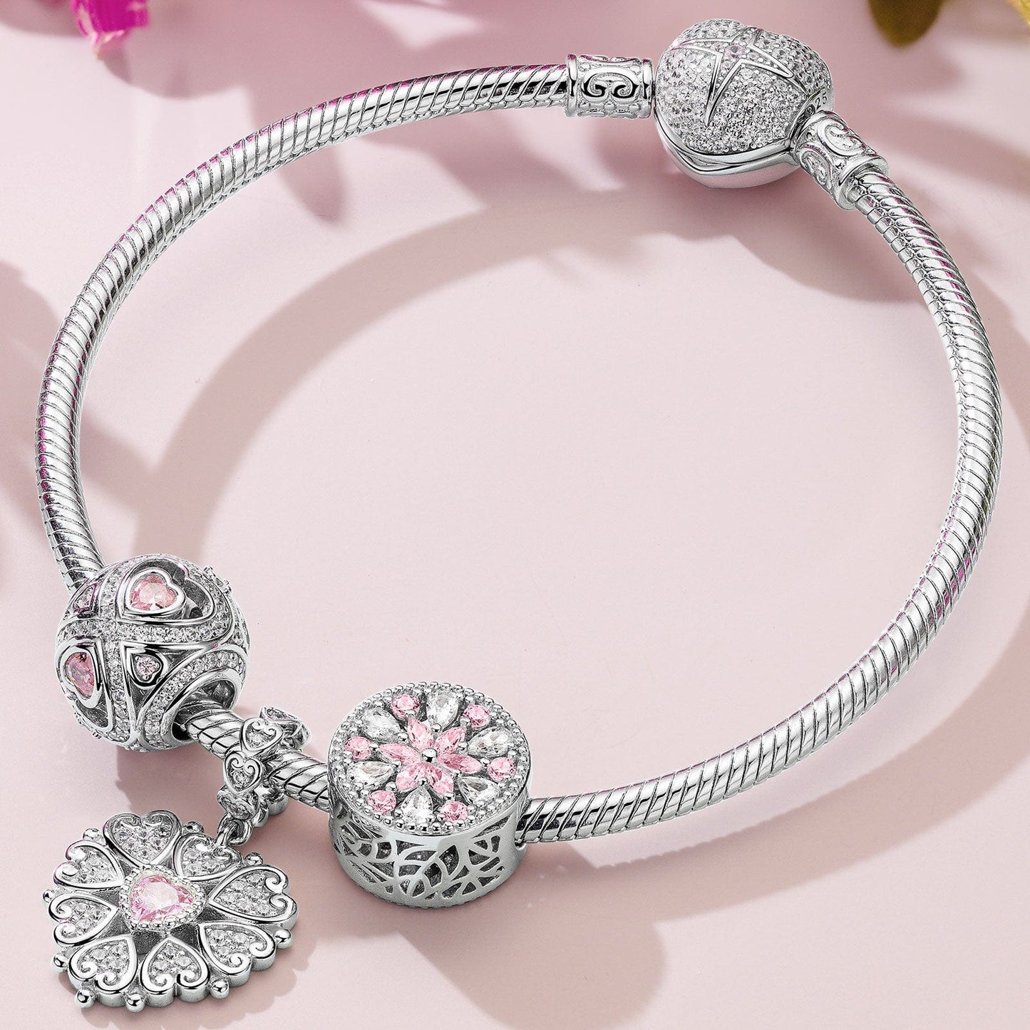 Sterling Silver Dream Crystals Charms Bracelet Set With Enamel In White Gold Plated