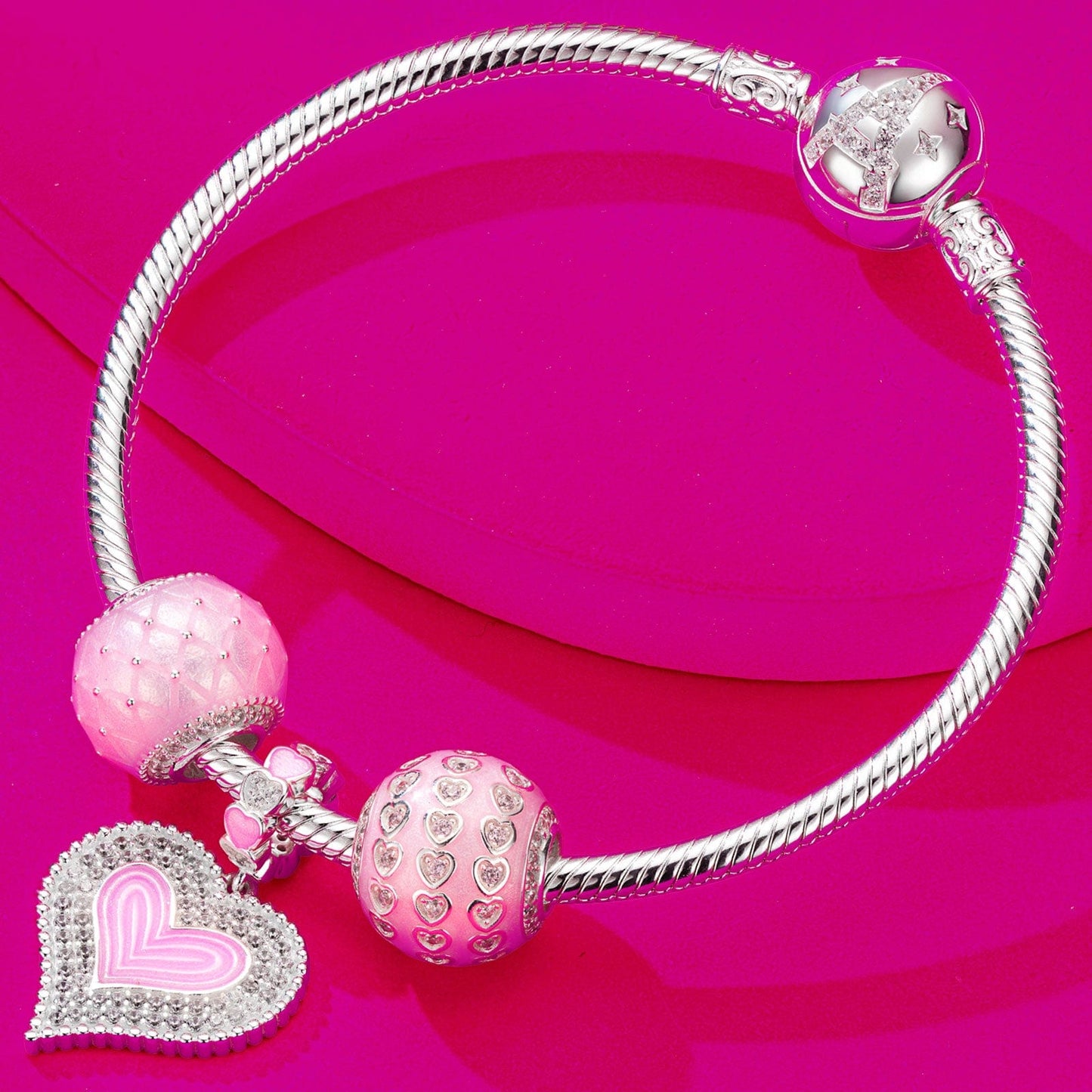 Sterling Silver Pink Date Charms Bracelet Set With Enamel In White Gold Plated