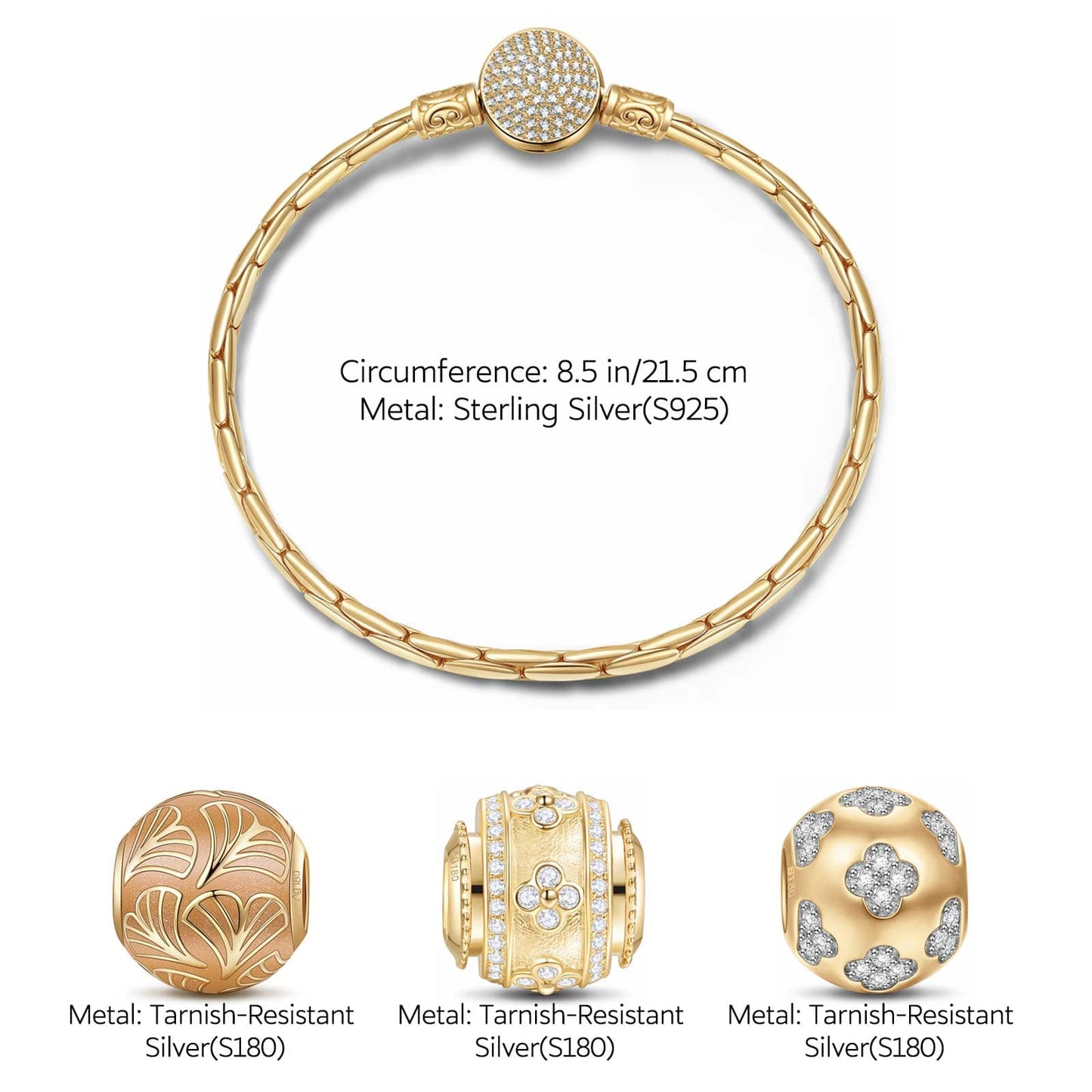 Sterling Silver Golden Good Fortune Charms Bracelet Set With Enamel In 14K Gold Plated