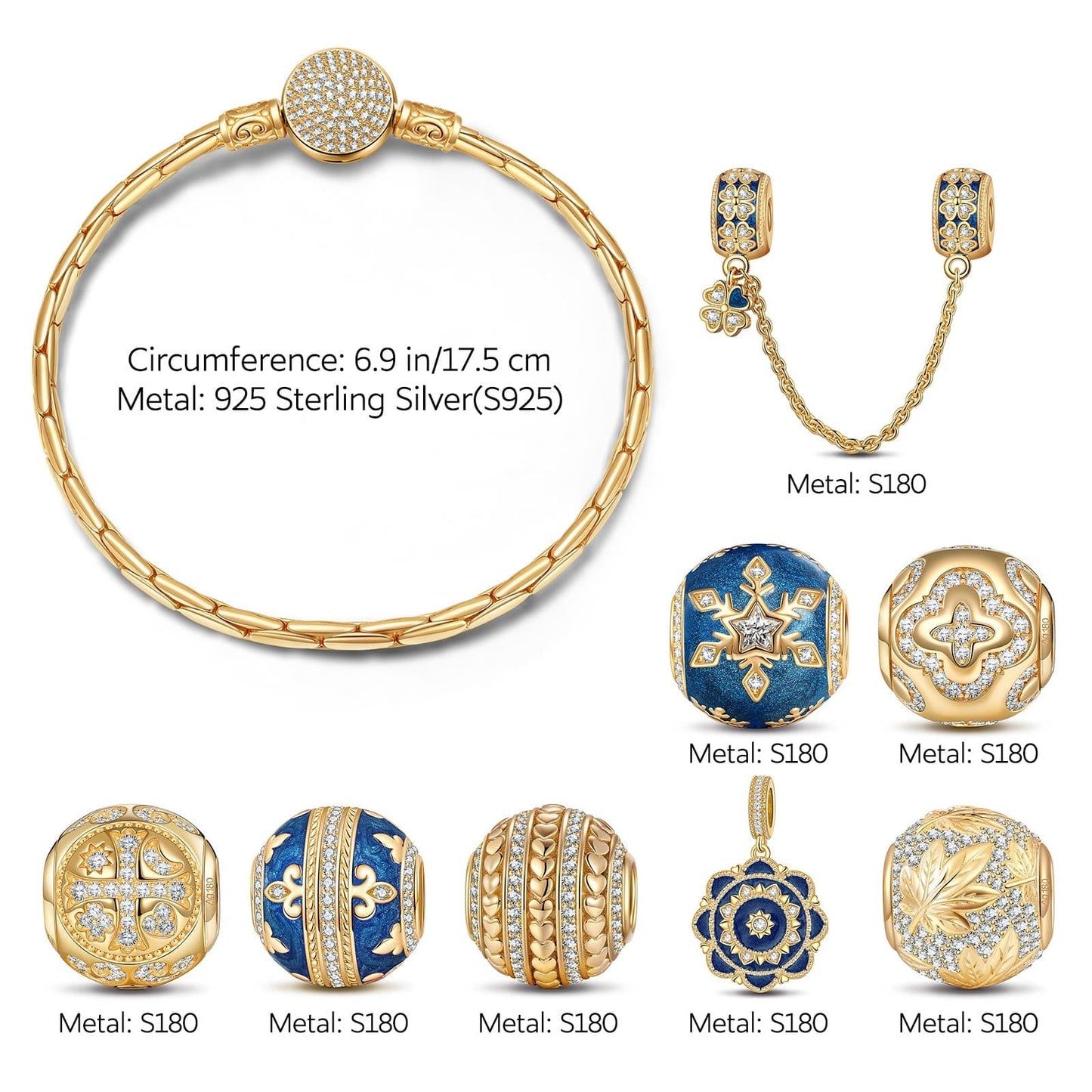 Sterling Silver Versailles Ball Charms Bracelet Set With Enamel In 14K Gold Plated