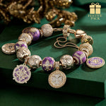 Sterling Silver Purple Romantic Charms Bracelet Set With Enamel In 14K Gold Plated - Exclusive Christmas Gift Box