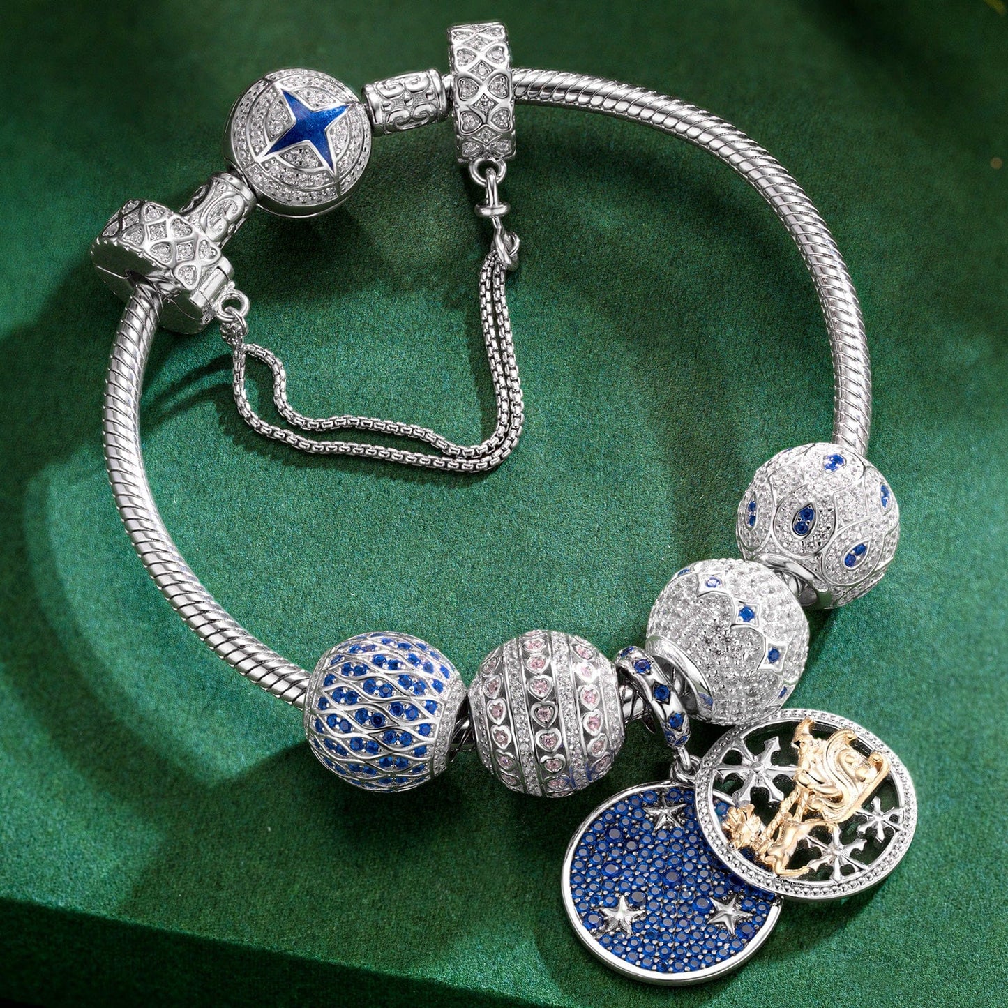 Sterling Silver Icy Shimmer Charms Bracelet Set With Enamel In White Gold Plated