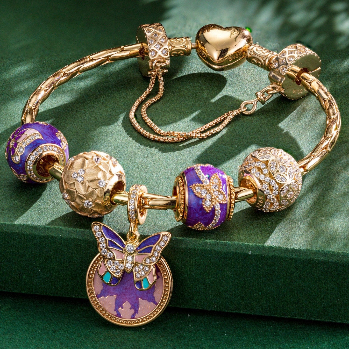 Sterling Silver Whispering Flower Dreams Charms Bracelet Set With Enamel In 14K Gold Plated