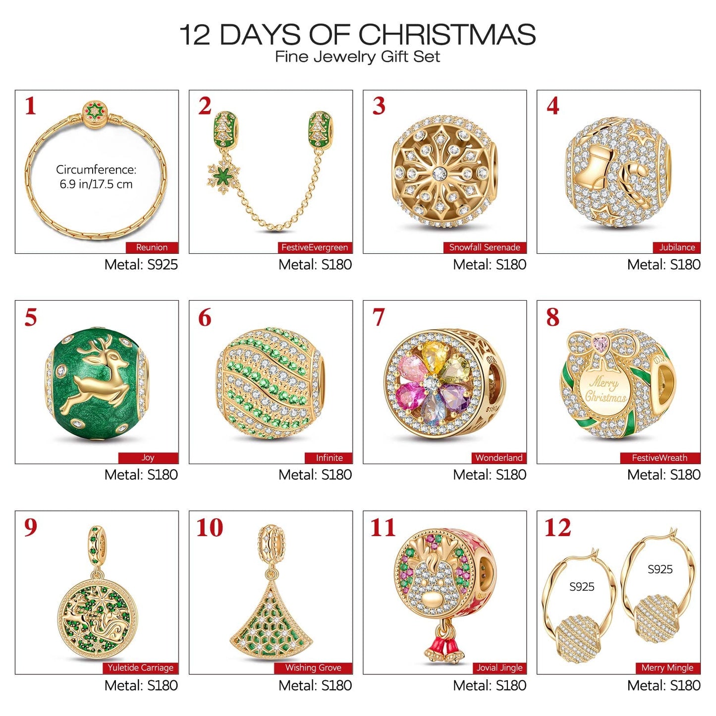 The Iconic Advent Calendar - 12 Days of Christmas Fine Jewelry Gift Set: Sterling Silver Christmas Green Earrings and Charms Bracelet Set With Enamel In 14K Gold Plated