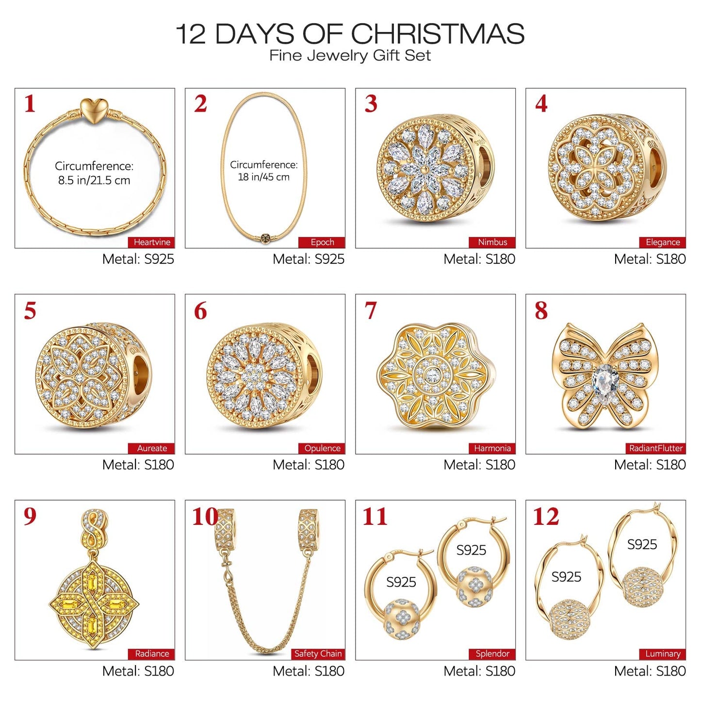 The Iconic Advent Calendar - 12 Days of Christmas Fine Jewelry Gift Set: Sterling Silver Golden Christmas Earrings and Charms Bracelet Set With Enamel and Necklace In 14K Gold Plated