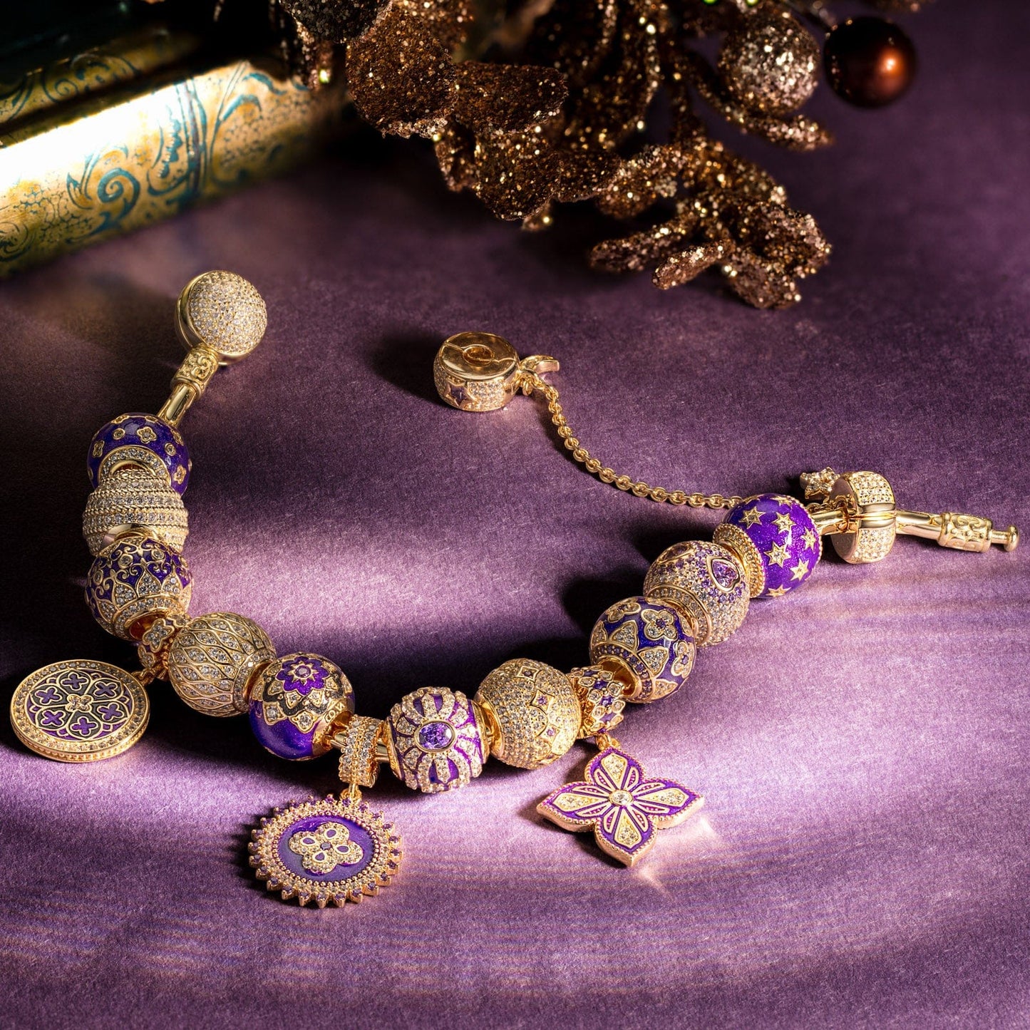 Sterling Silver Violet Dreamland Charms Bracelet Set With Enamel In 14K Gold Plated - Exclusive Christmas Gift Box