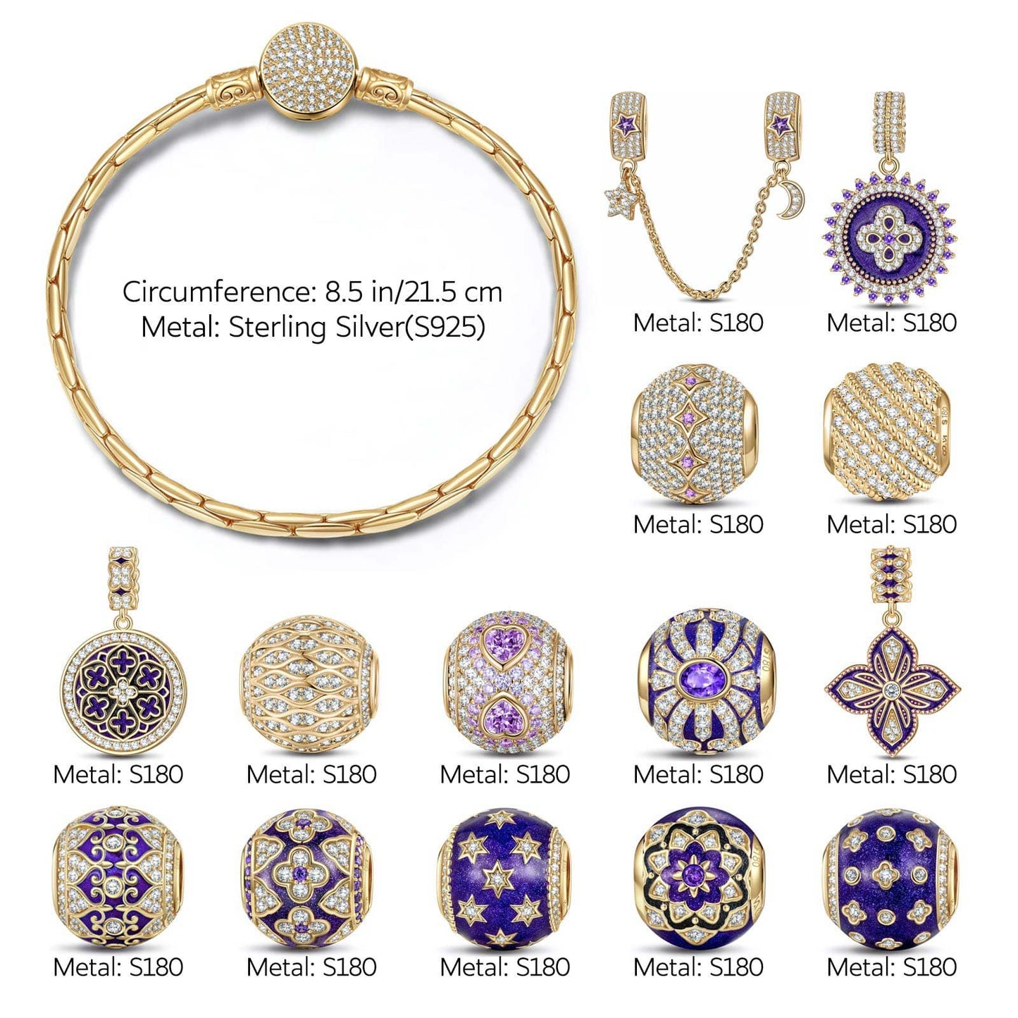 Sterling Silver Violet Dreamland Charms Bracelet Set With Enamel In 14K Gold Plated - Exclusive Christmas Gift Box