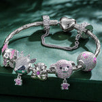 Sterling Silver Fancy Pink Animals Charms Bracelet Set With Enamel In Silver Plated - Heartful Hugs Collection