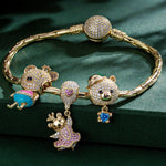 Sterling Silver Dancing Little Bear Animals Charms Bracelet Set With Enamel In 14K Gold Plated - Heartful Hugs Collection