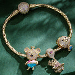 Sterling Silver Dancing Little Bear Animals Charms Bracelet Set With Enamel In 14K Gold Plated - Heartful Hugs Collection