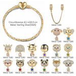 Sterling Silver Love You Baby Animals Charms Bracelet Set With Enamel In 14K Gold Plated - Heartful Hugs Collection
