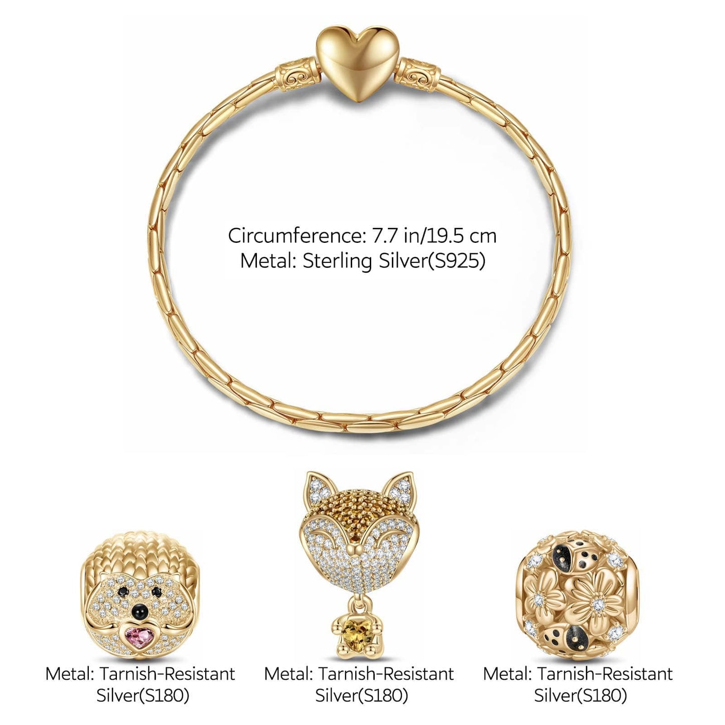 Sterling Silver Little Fox and Hedgehog Animals Charms Bracelet Set In 14K Gold Plated - Heartful Hugs Collection