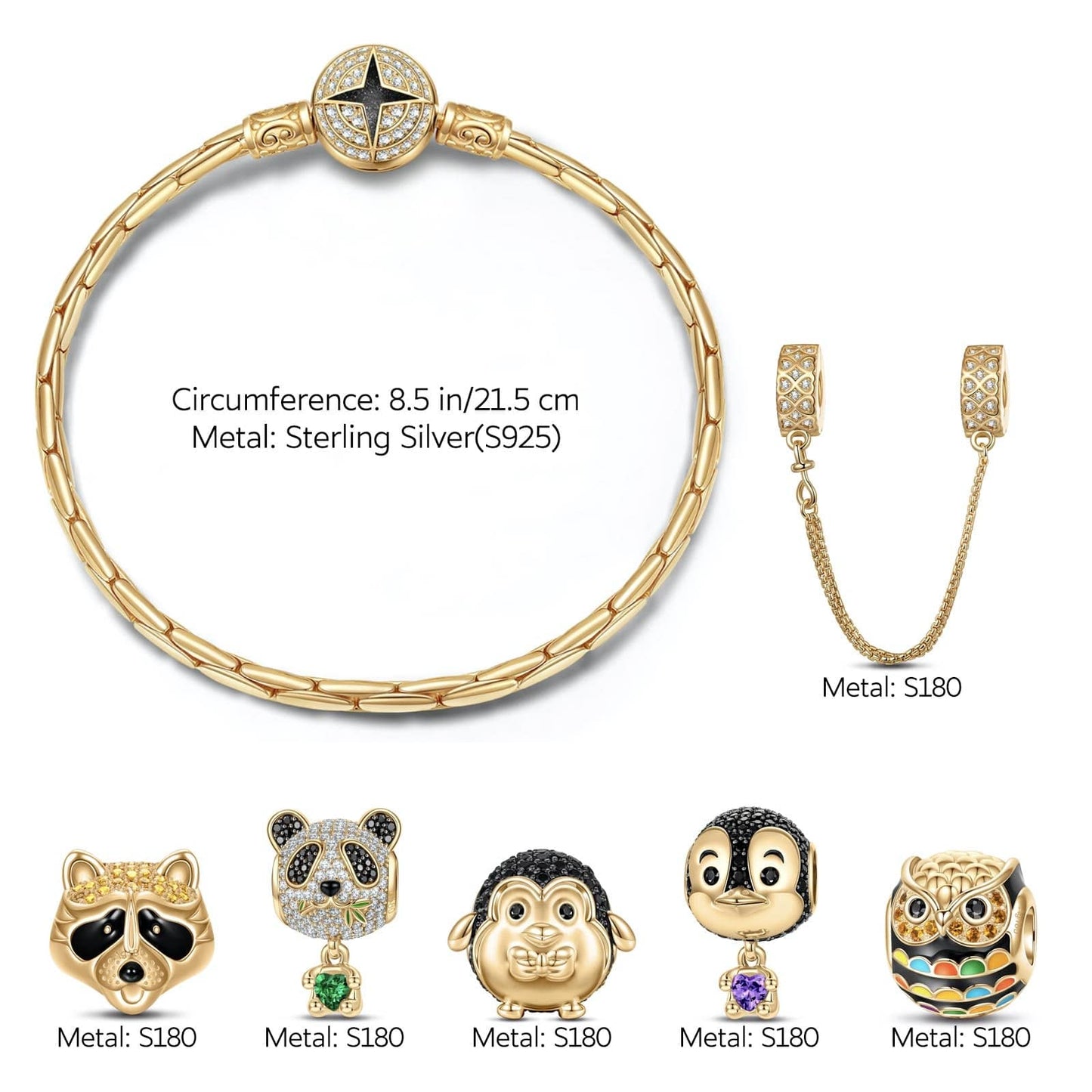 Sterling Silver Wish You Delight and Wisdom Animals Charms Bracelet Set With Enamel In 14K Gold Plated - Heartful Hugs Collection