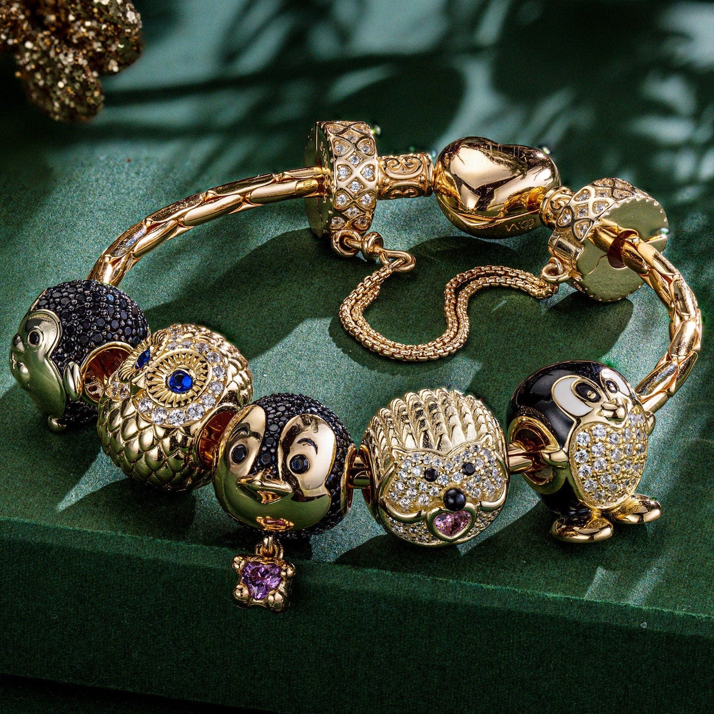 Sterling Silver Wise and Whimsical Animals Charms Bracelet Set With Enamel In 14K Gold Plated