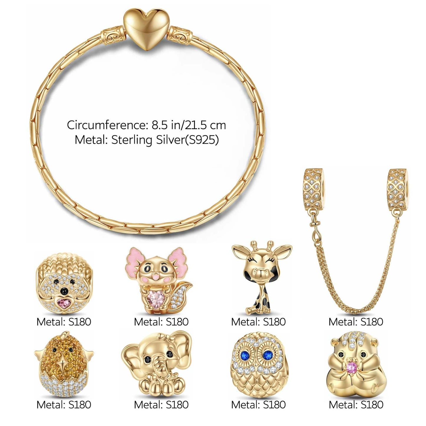 Sterling Silver Innocent Childhood Joy Animals Charms Bracelet Set With Enamel In 14K Gold Plated