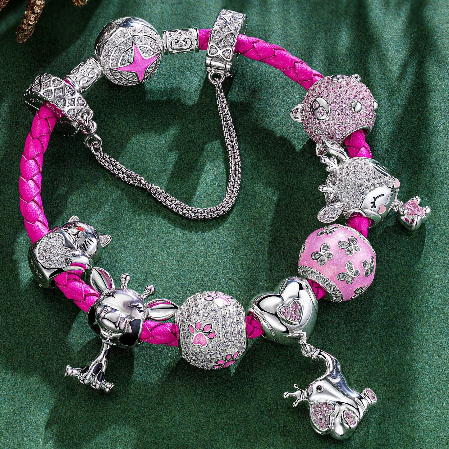 Sterling Silver My Lucky Treasures Animals Charms Bracelet Set With Enamel In Silver Plated