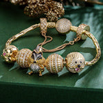 Sterling Silver Adorable Critter Animals Charms Bracelet Set With Enamel In 14K Gold Plated