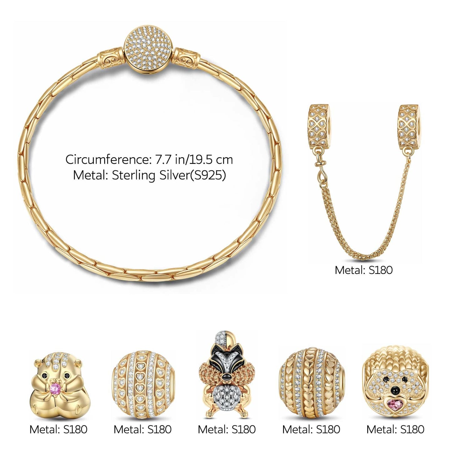 Sterling Silver Adorable Critter Animals Charms Bracelet Set With Enamel In 14K Gold Plated