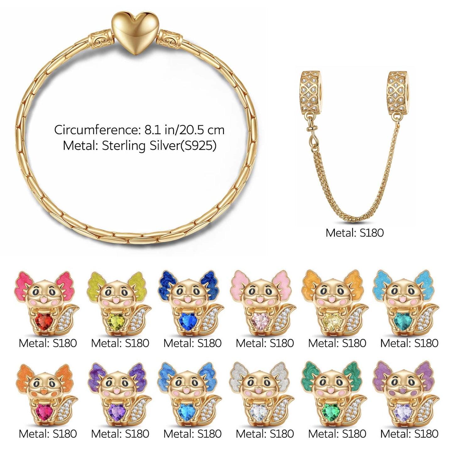 Sterling Silver 12 Month Birthstone Lovely Axolotl Animals Charms Bracelet Set With Enamel In 14K Gold Plated - Heartful Hugs Collection