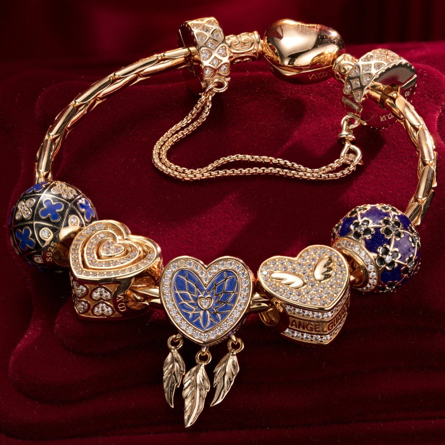 Sterling Silver Charms Bracelet Set With Enamel In 14K Gold Plated