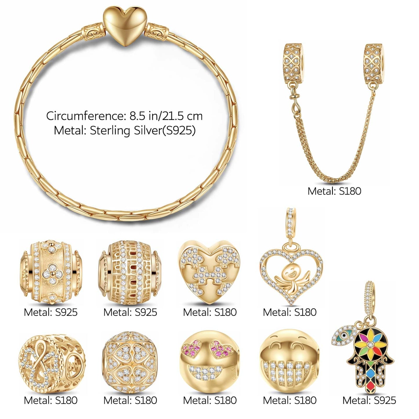 Sterling Silver Good Luck and Laugh Charms Bracelet Set With Enamel In 14K Gold Plated