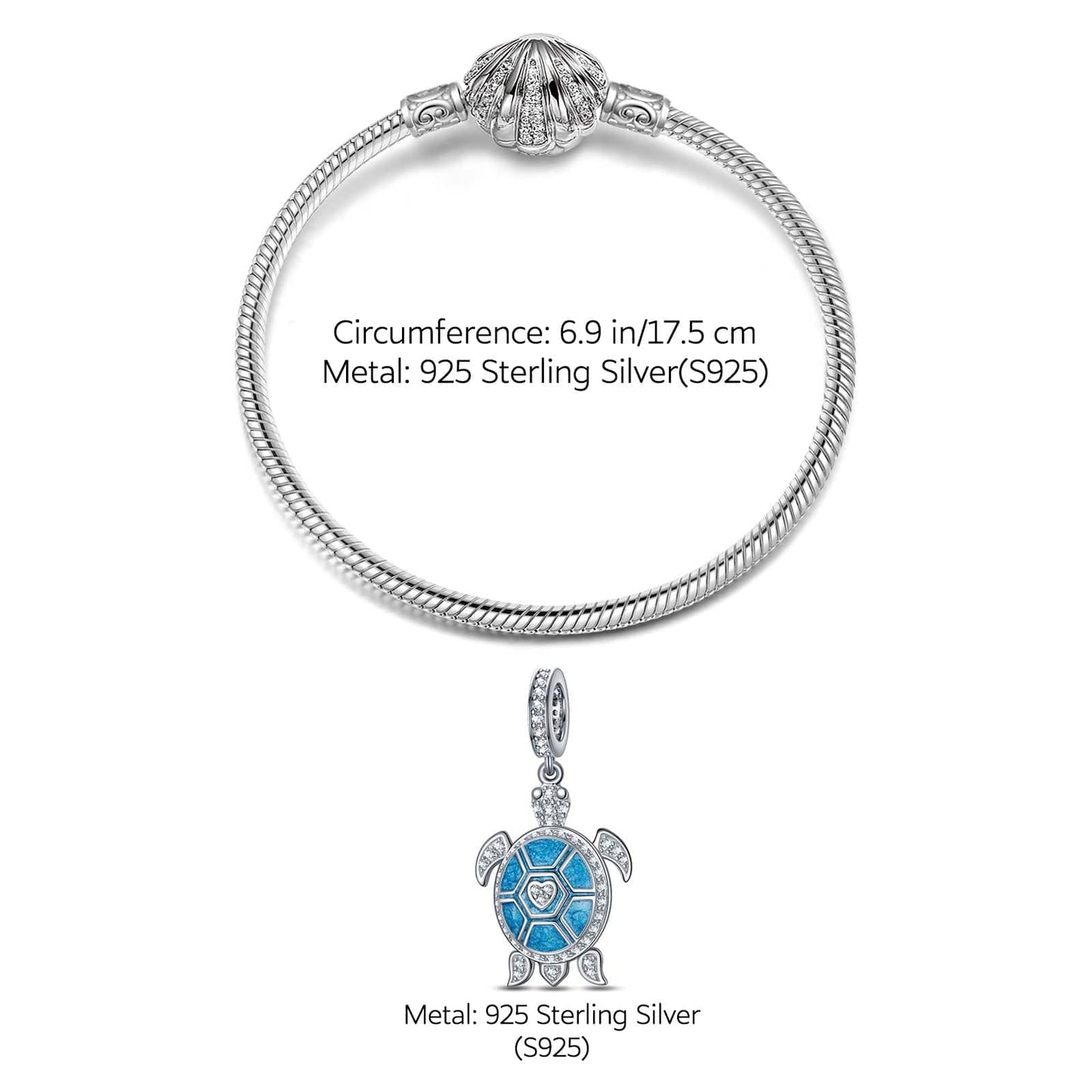 Sterling Silver Roaming Turtles Charms Bracelet Set With Enamel In White Gold Plated