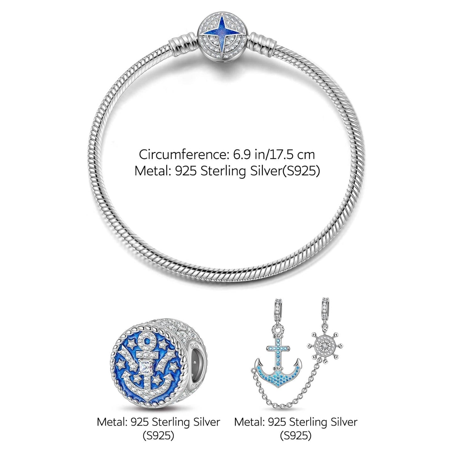 Sterling Silver Navigation Charms Bracelet Set With Enamel In White Gold Plated