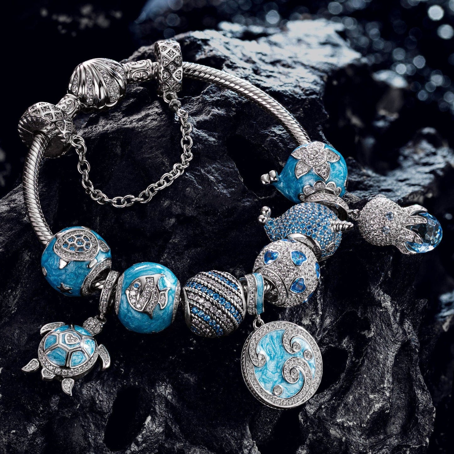 Sterling Silver Deep Sea Family Charms Bracelet Set With Enamel In White Gold Plated