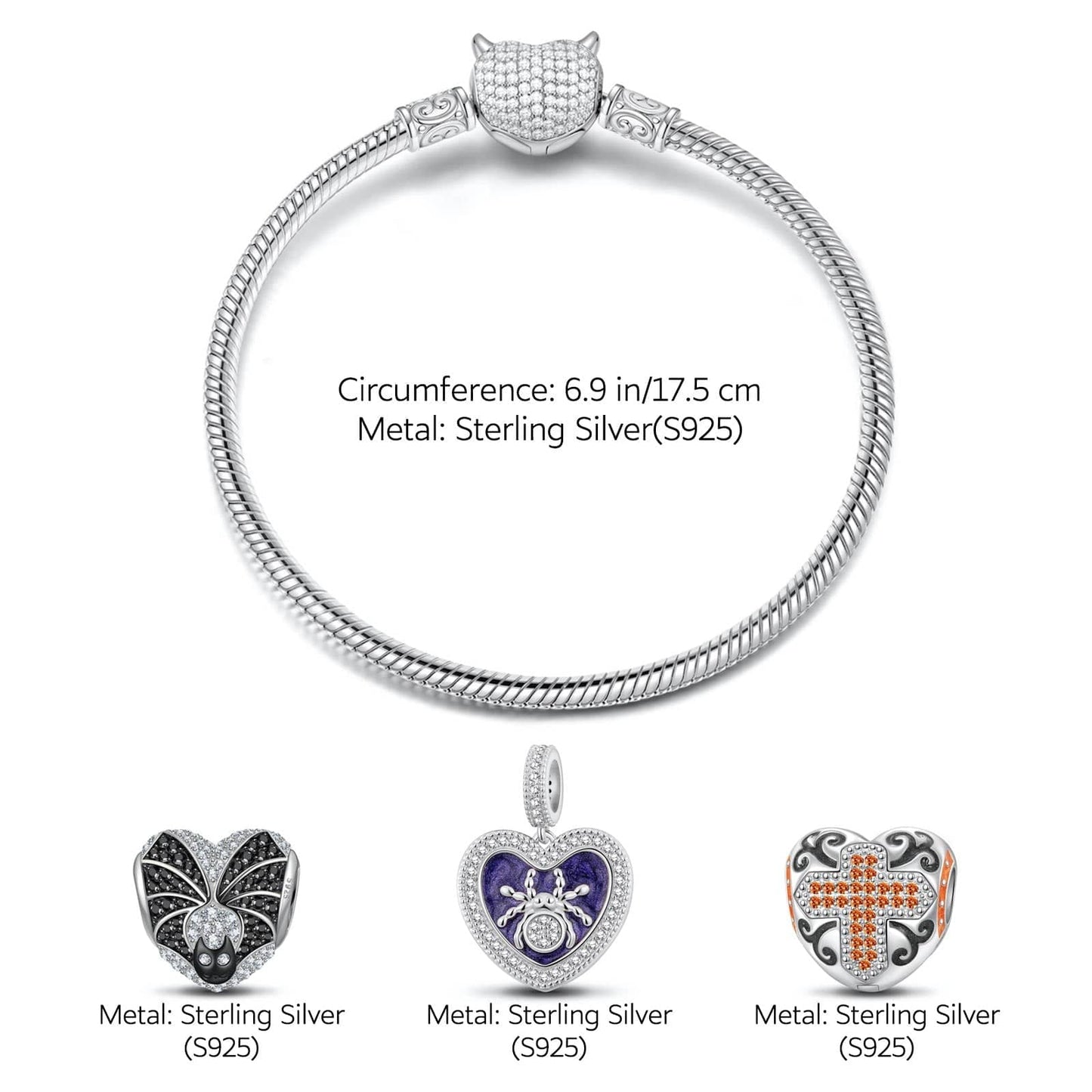 Sterling Silver Evil's Entrapment Charms Bracelet Set With Enamel In White Gold Plated