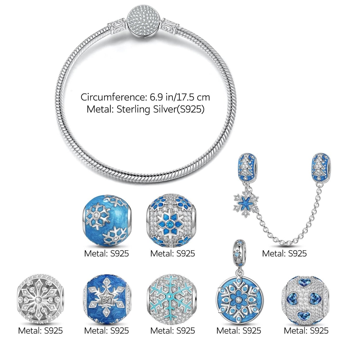 Sterling Silver Snowflake Symphony Charms Bracelet Set With Enamel In White Gold Plated