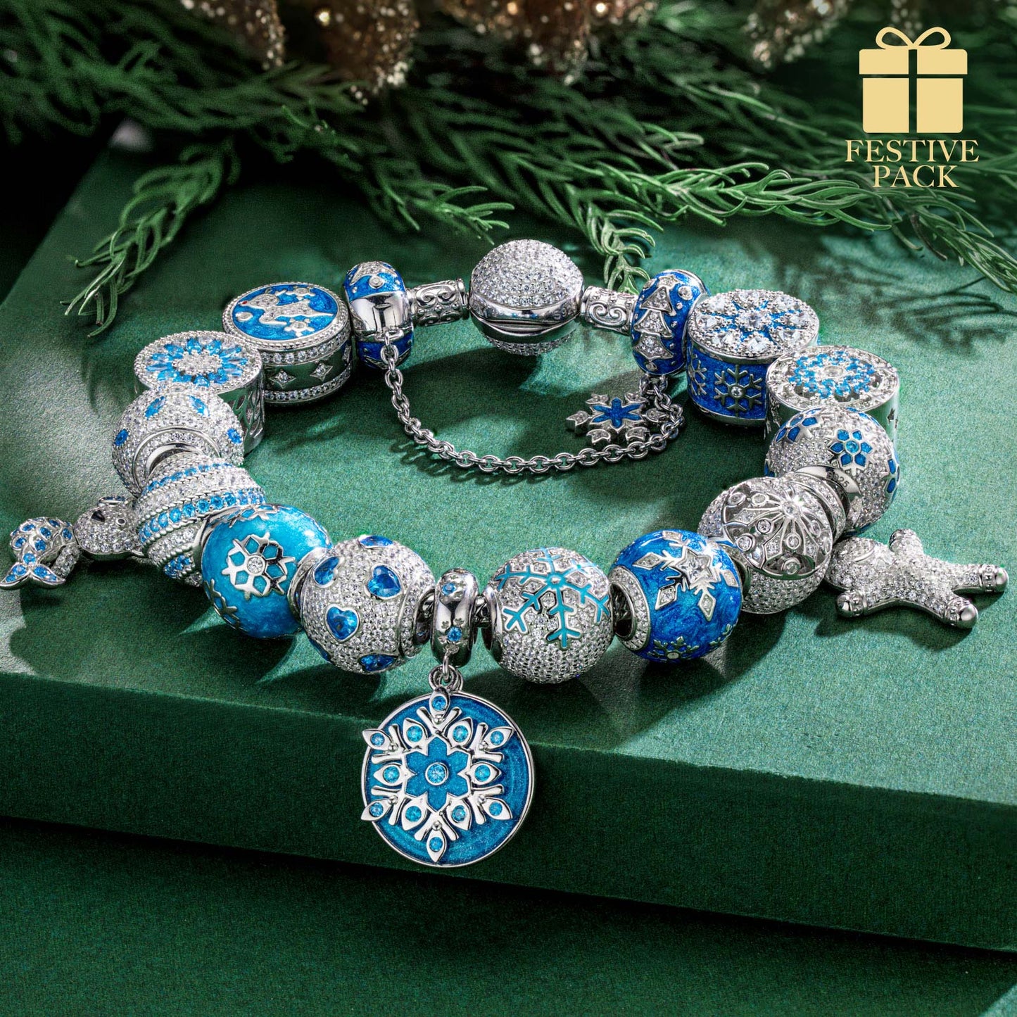 Sterling Silver Snow Queen's Delight Charms Bracelet Set With Enamel In White Gold Plated - Exclusive Christmas Gift Box