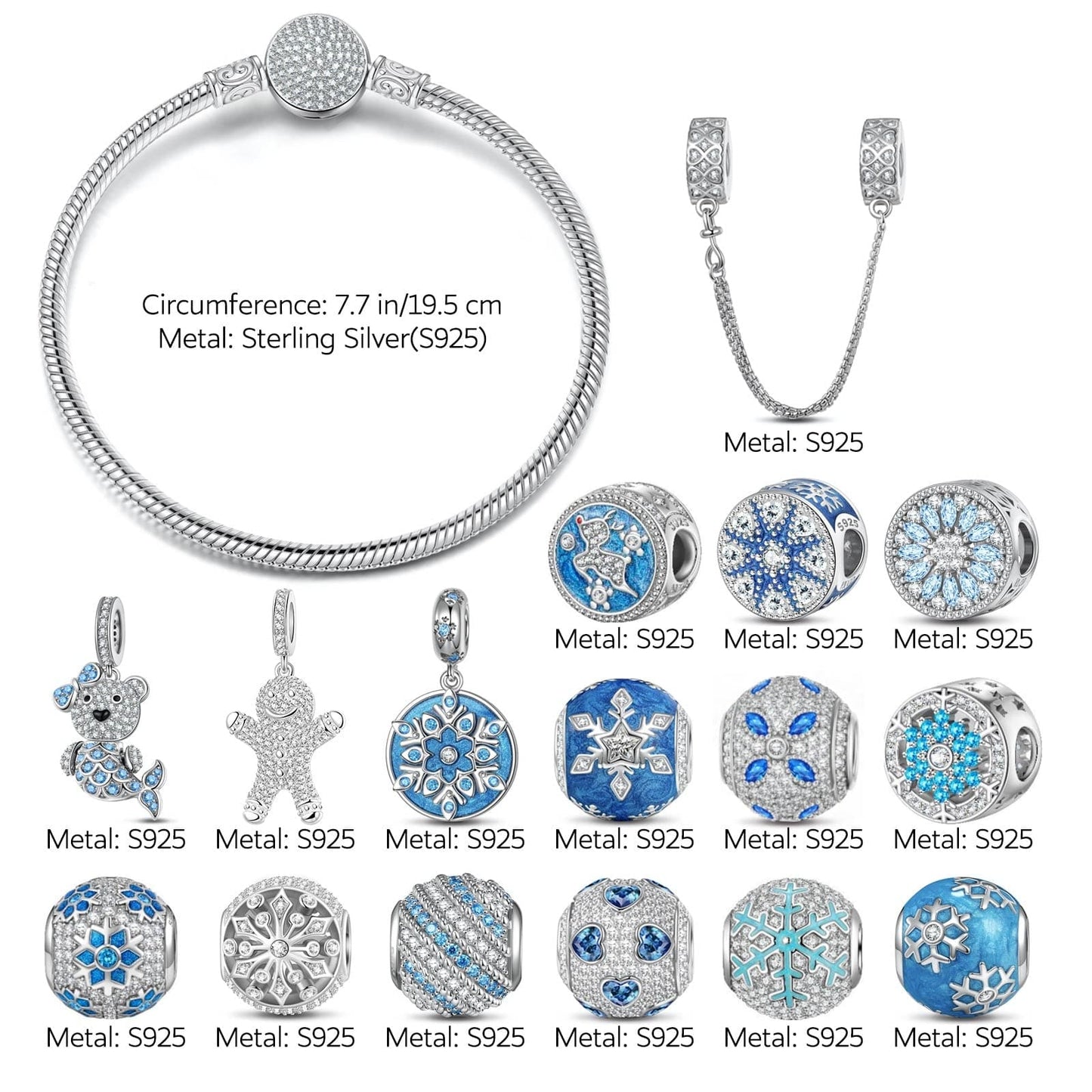 Sterling Silver Snow Queen's Delight Charms Bracelet Set With Enamel In White Gold Plated - Exclusive Christmas Gift Box