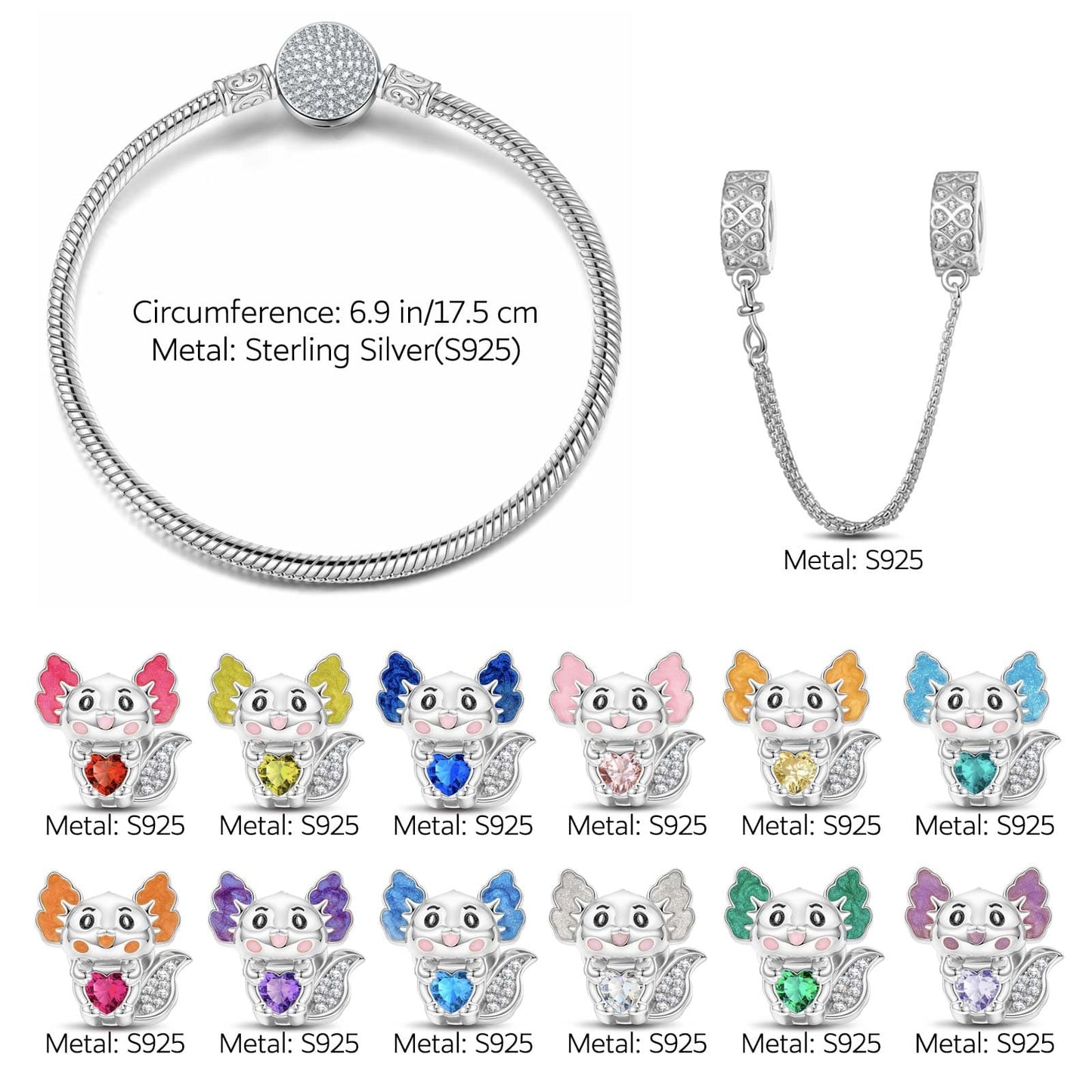 Sterling Silver 12 Month Birthstone Lovely Axolotl Animals Charms Bracelet Set With Enamel In Silver Plated - Heartful Hugs Collection