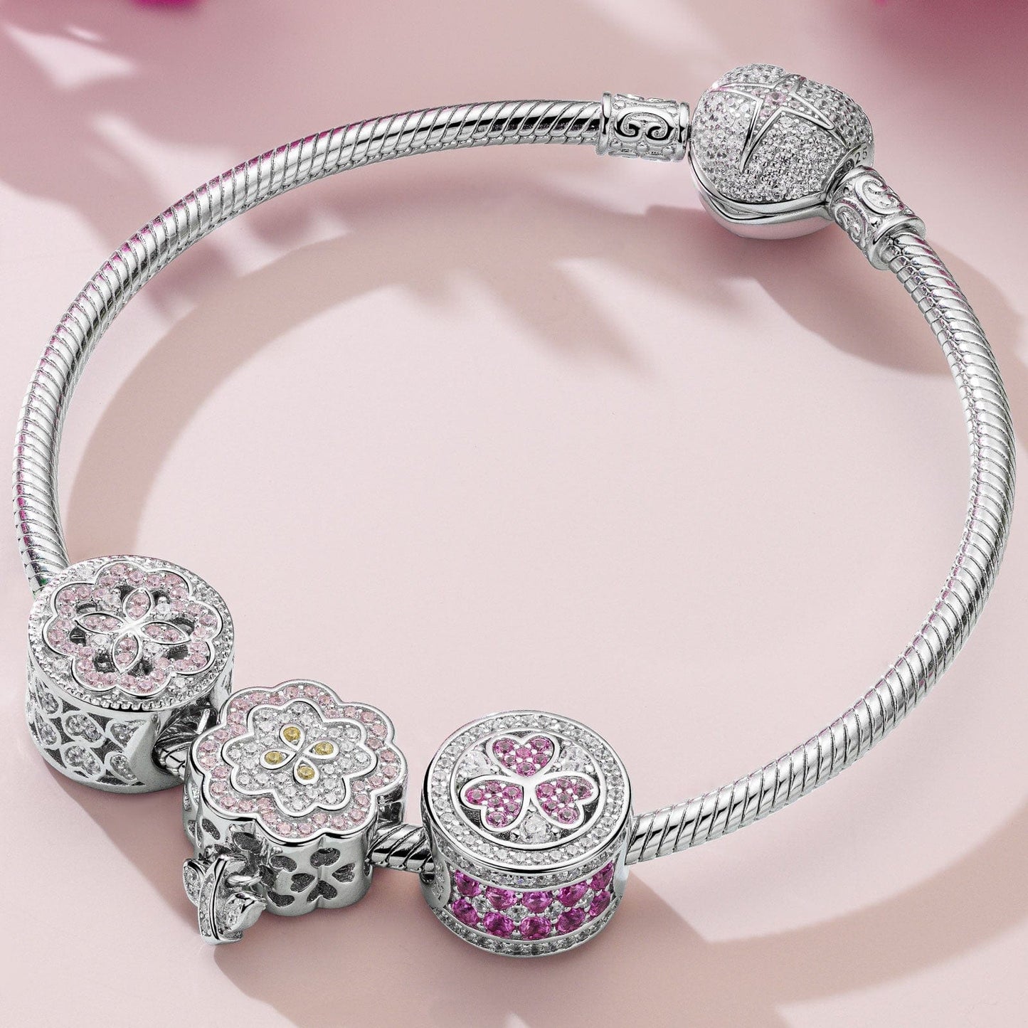 Sterling Silver Pink Flowers Charms Bracelet Set With Enamel In White Gold Plated