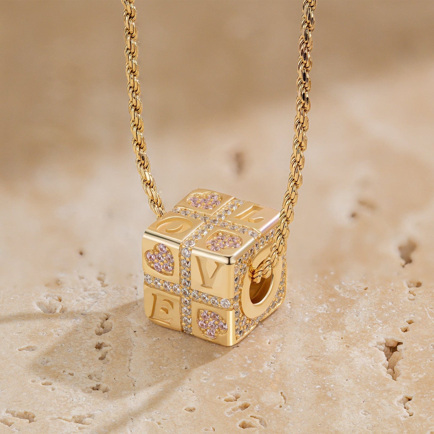 Sterling Silver Love Cube Necklace Set In 14K Gold Plated