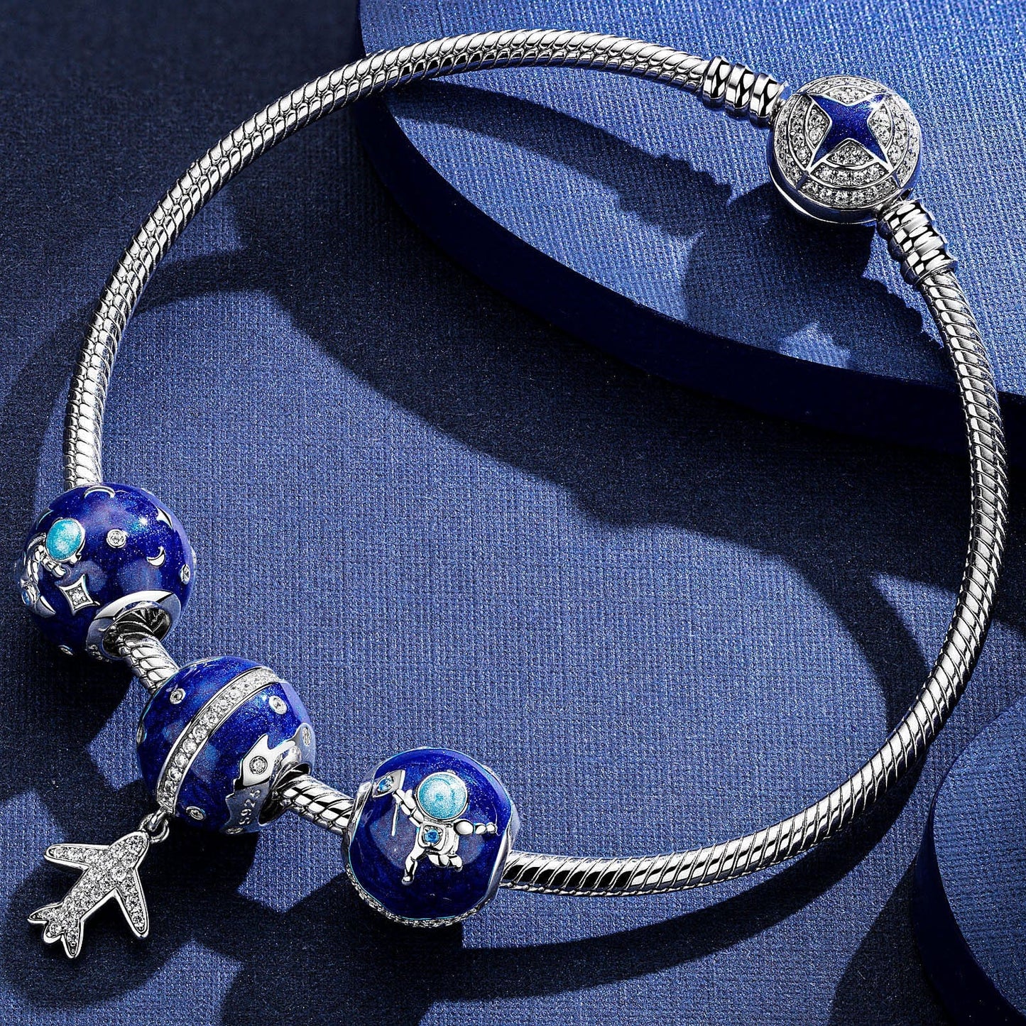Sterling Silver Interstellar Travel Snake Chain Charms Bracelet Set With Enamel In White Gold Plated
