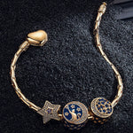 Sterling Silver Cat and the Stars Bamboo Chain Charms Bracelet Set With Enamel In 14K Gold Plated