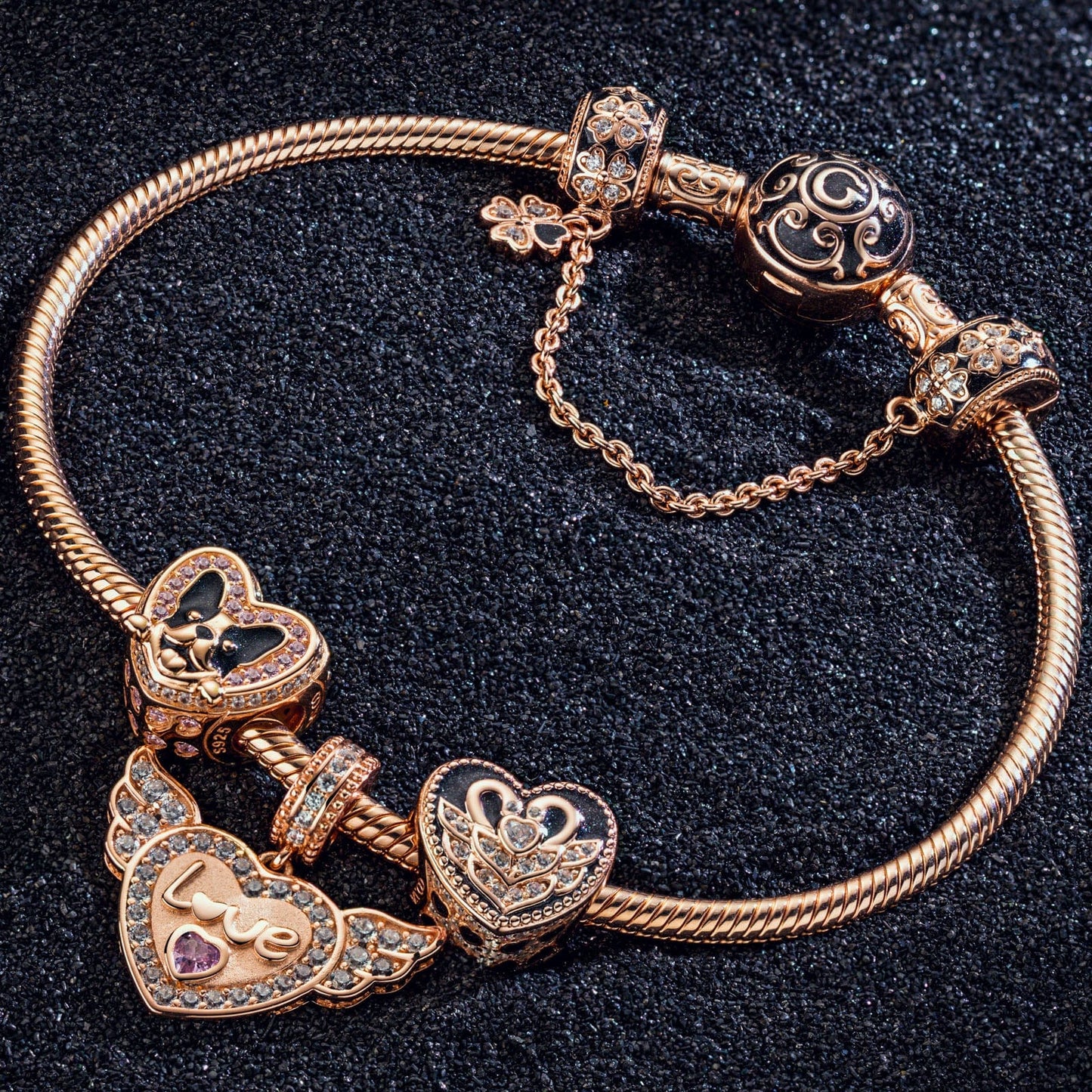 Romantic Love Guardian Tarnish-resistant Silver Charms Bracelet Set With Enamel In 14K Gold Plated